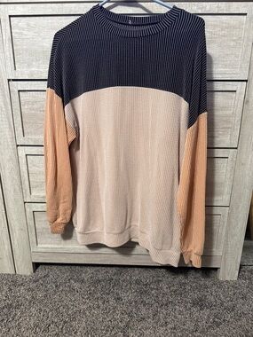 SHEIN Black Beige Peach Colorblock Waffle Knit Pullover